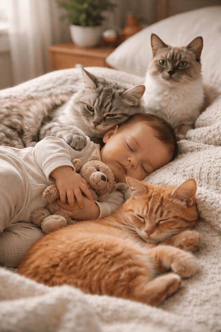 Serene-nap-with-baby-and-cats-wallpaper-patakapix wallpaper