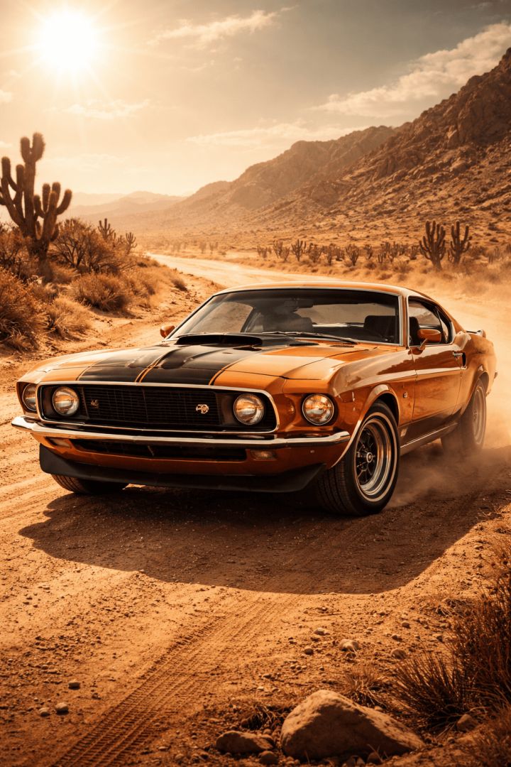 1969 Mustang in the desert sunset wallpaper