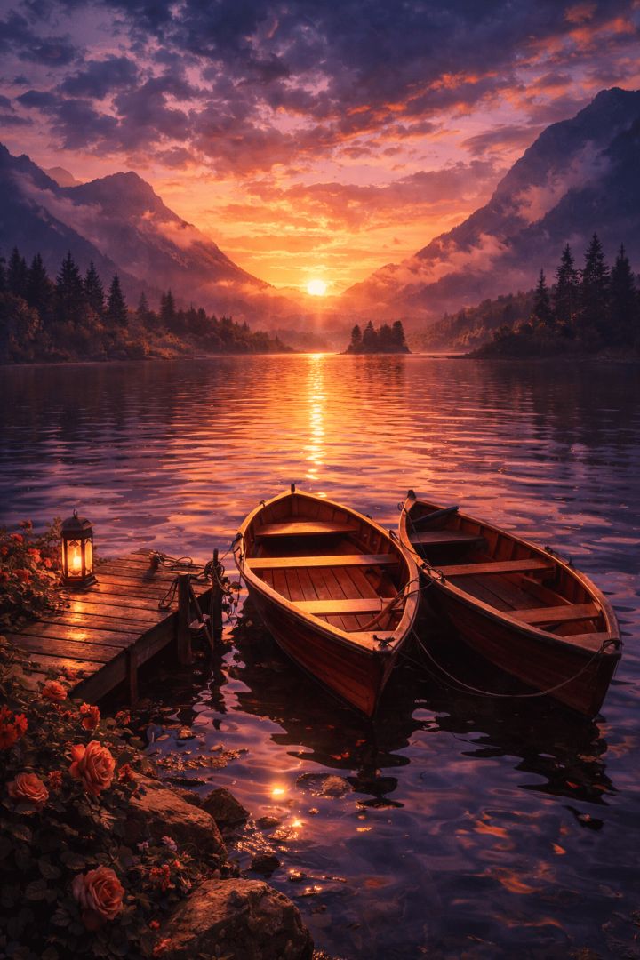 Romantic-lakeside-sunset-with-rowboats-wallpaper-patakapix wallpaper