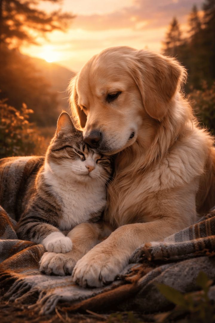 Golden retriever and tabby cuddle at sunset wallpaper patakapix wallpaper