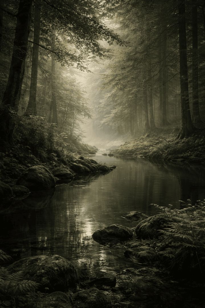 Misty forest stream at dawn wallpaper patakapix wallpaper