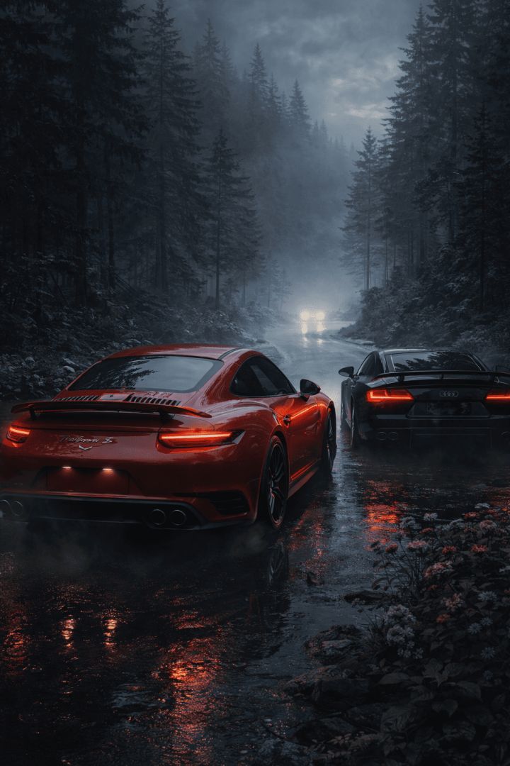 Sport-cars-in-the-misty-forest-wallpaper-patakapix wallpaper