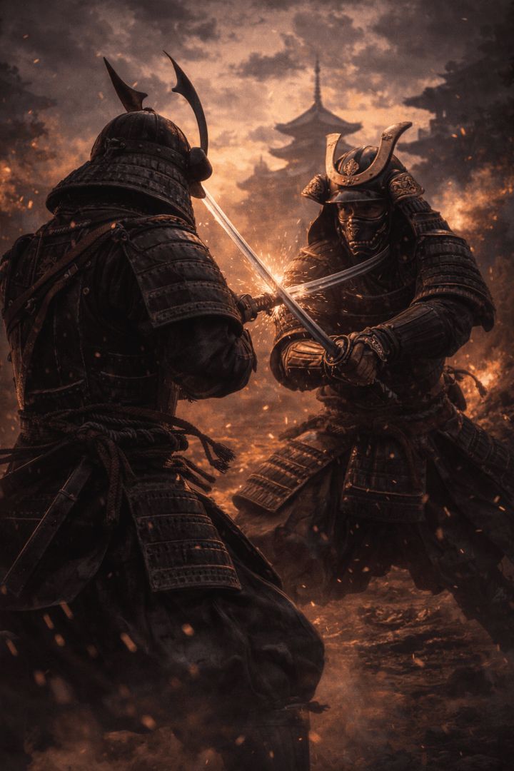 Samurai-clash-in-burning-temple-ruins-wallpaper-patakapix wallpaper