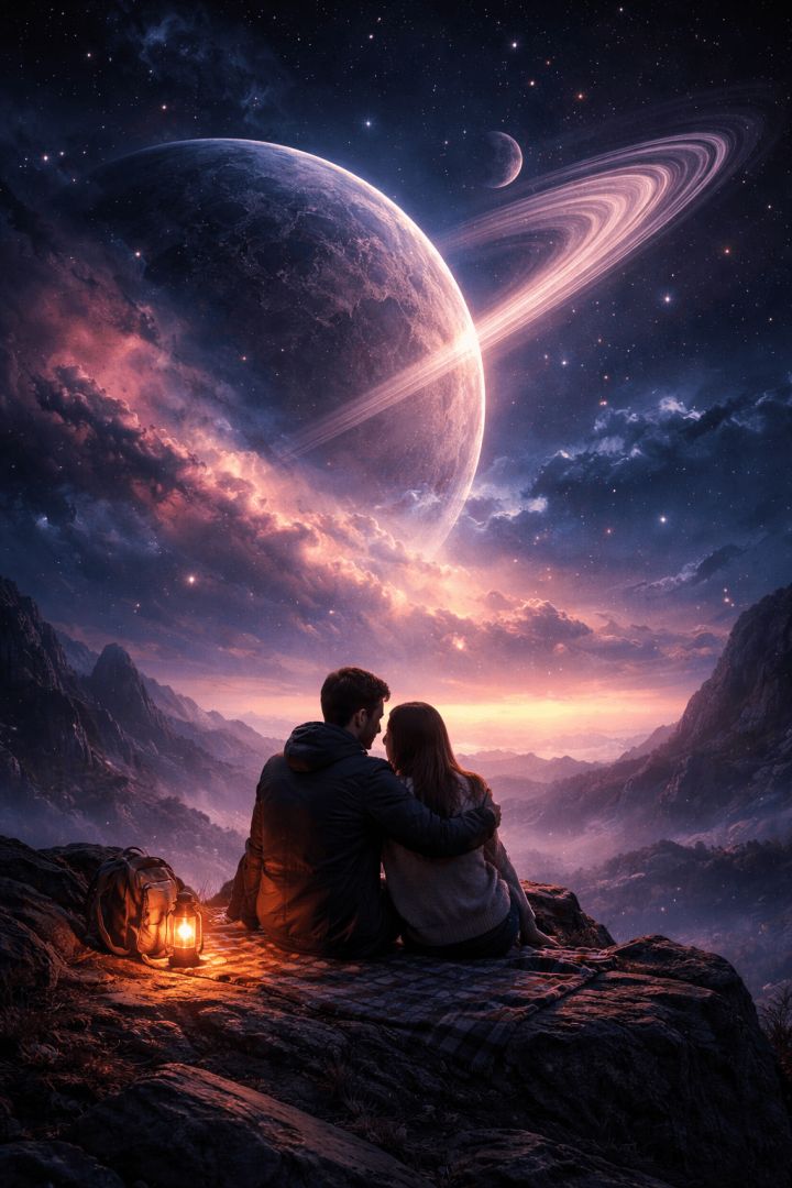 Romantic Space Couple Wallpaper – Stargazing Love Under Cosmic Sky Patakapix wallpaper