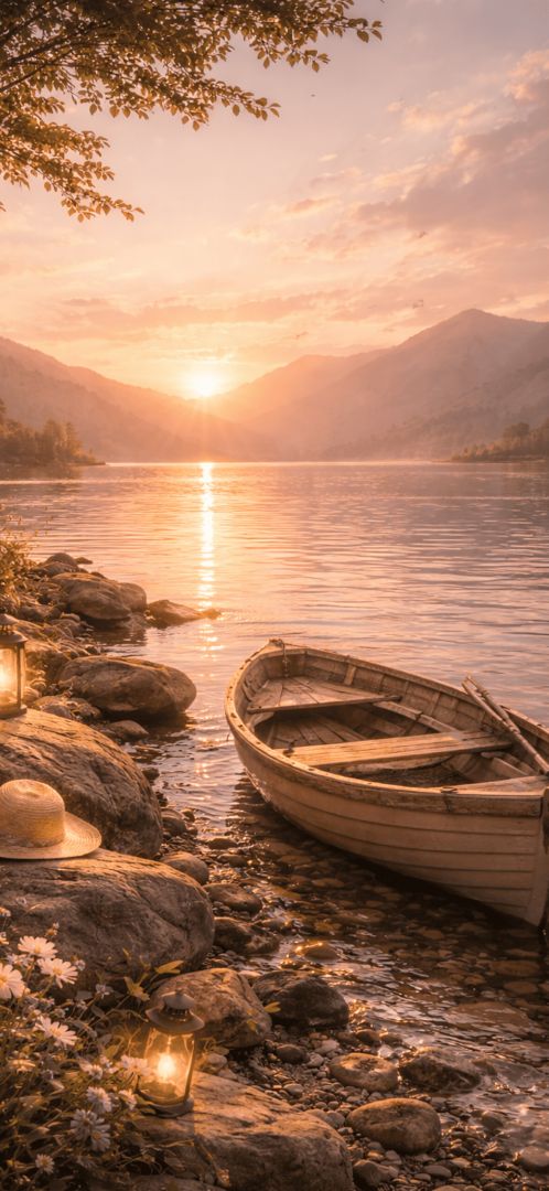 Serene-lakeside-sunset-with-rowboat-wallpaper-iphone-patakapix wallpaper