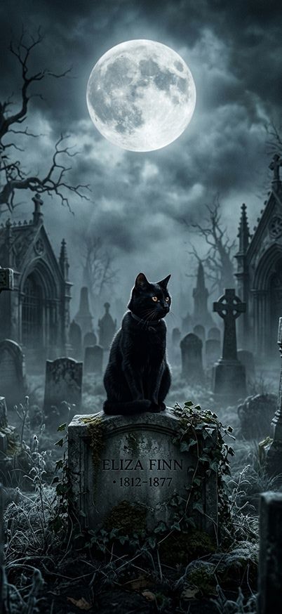A black cat sitting under a full moon in a graveyard wallpaper