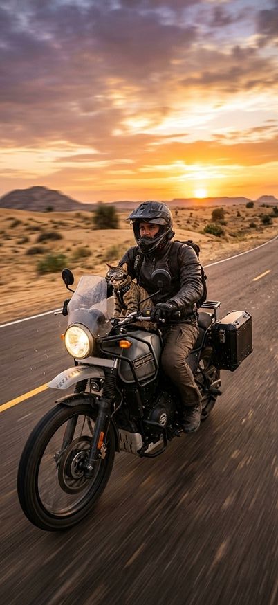 A cat riding on a motorbike with a human in a desert highway wallpaper