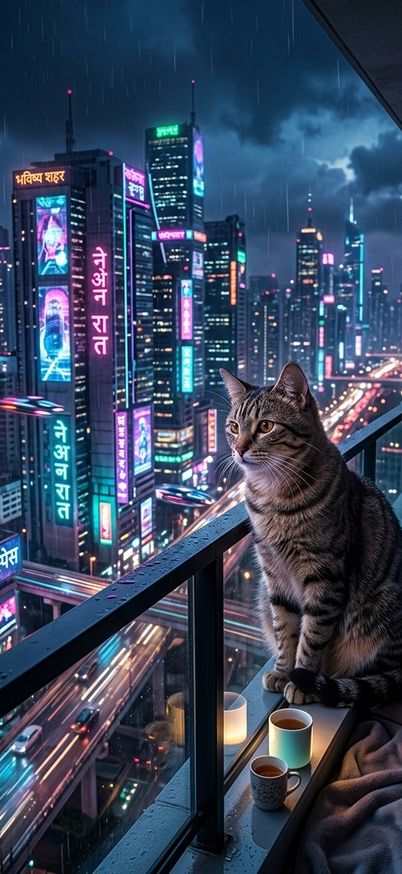 A cat sitting on a balcony overlooking a futuristic city wallpaper