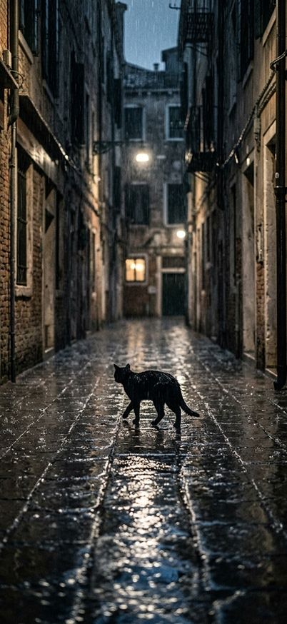 A cat walking on a narrow alley during heavy rain wallpaper