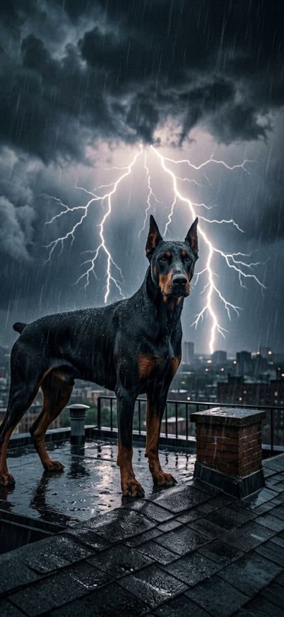A Doberman standing on a rooftop during a thunderstorm wallpaper