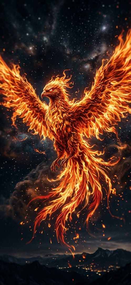 A fiery 3D phoenix made of flames rising in dark sky 3d  wallpaper wallpaper