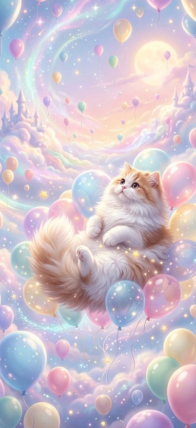 A fluffy cat surrounded by floating balloons wallpaper