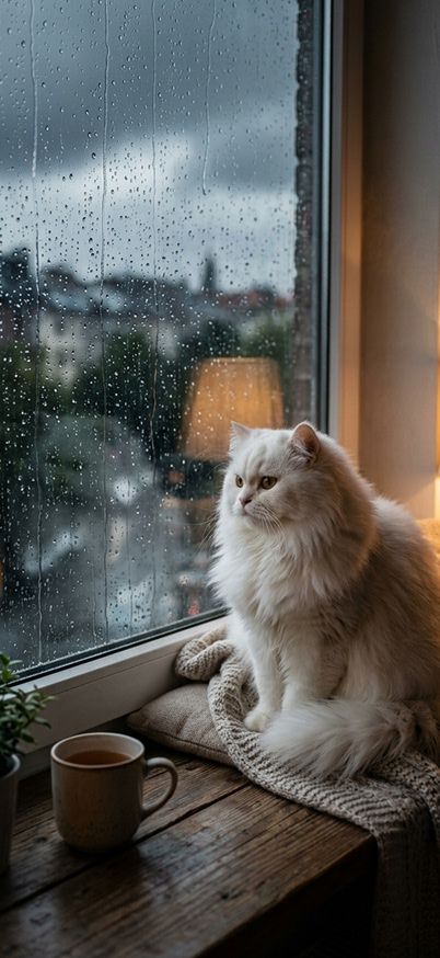 A fluffy white cat sitting on a window sill during heavy rain wallpaper