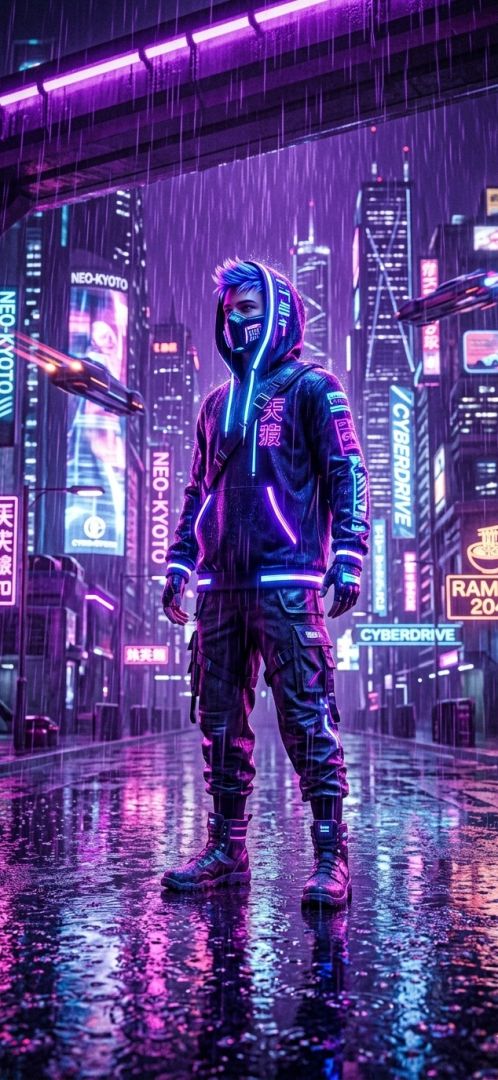 A futuristic 3D neon boy standing under purple rain 3d  wallpaper wallpaper