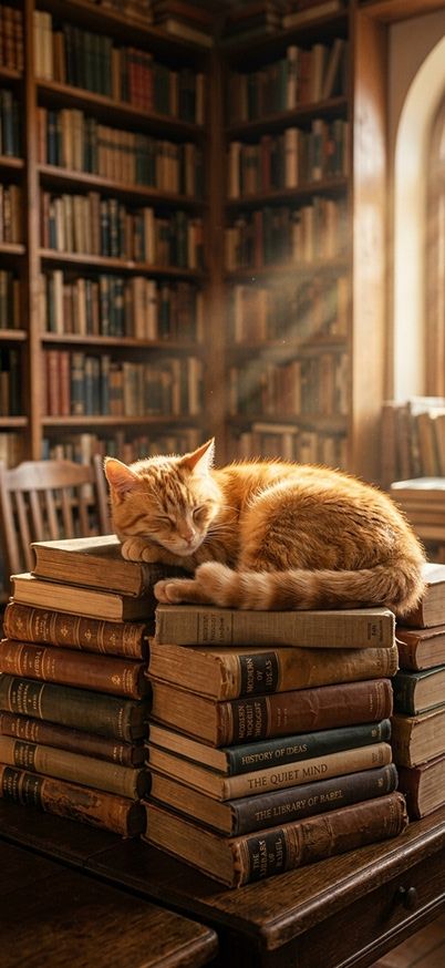 A ginger cat sleeping on a stack of books in a warm library wallpaper