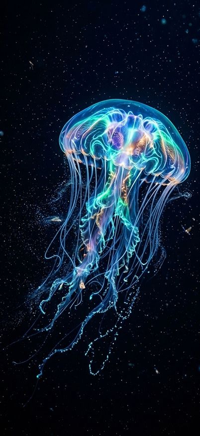 A glowing jellyfish floating in the deep sea aquatic animals wallpaper