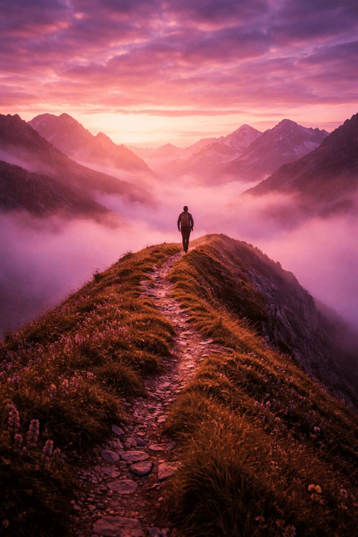 A hiker at dawn's glow wallpaper