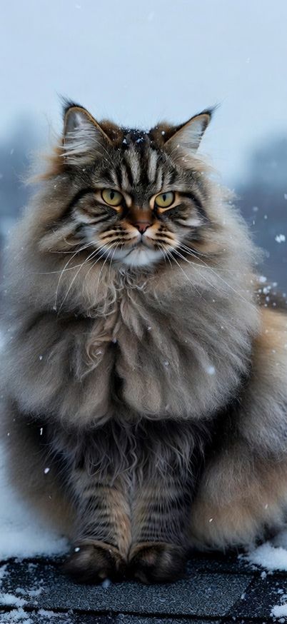 A majestic Maine Coon cat sitting on a snowy rooftop wallpaper