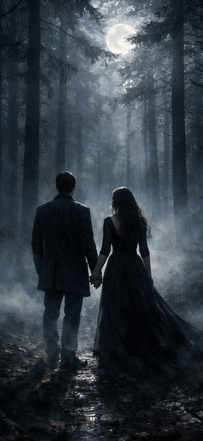 A moonlit walk through the mist wallpaper