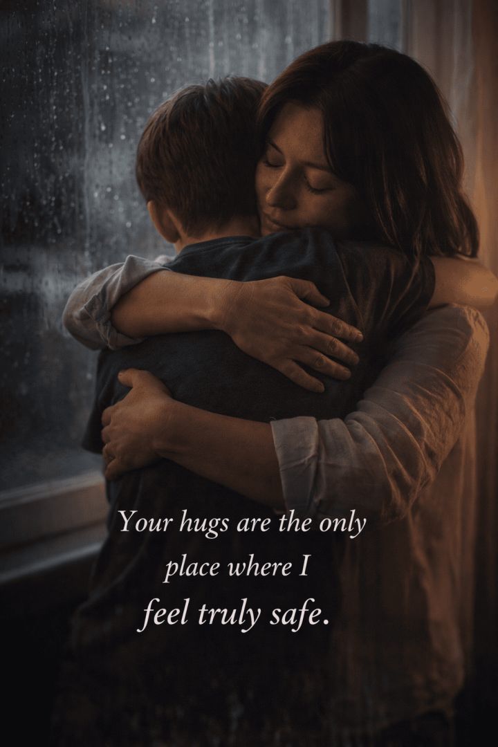 A mother's embrace on a rainy day wallpaper