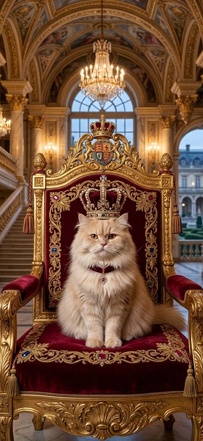 A Persian cat wearing royal crown sitting on a velvet throne wallpaper