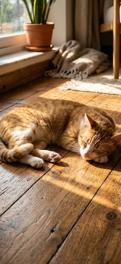 A sleepy cat lying under sunlight patches on wooden floor wallpaper