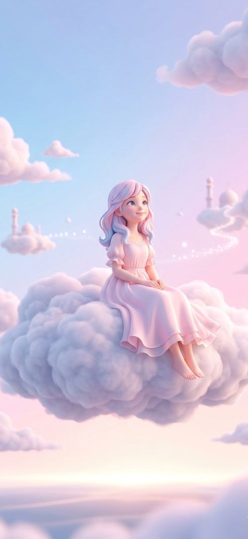 A soft pastel 3D girl sitting on floating clouds 3d  wallpaper wallpaper