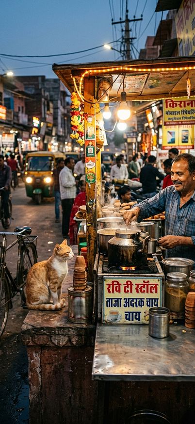 A street cat sitting beside a chai stall with a human vendor wallpaper