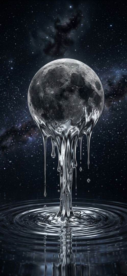 A surreal 3D moon melting into liquid silver 3d  wallpaper wallpaper