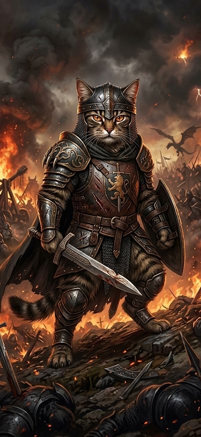 A warrior-style cat with armor standing on a battlefield wallpaper
