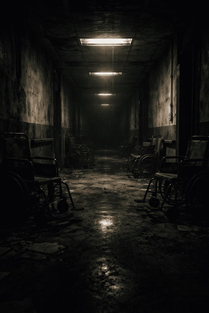Abandoned hospital corridor at dusk horror wallpaper