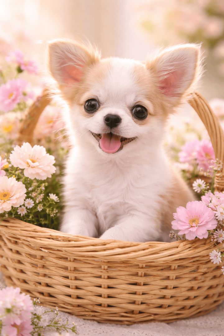 Adorable Chihuahua in a flower basket dog wallpaper