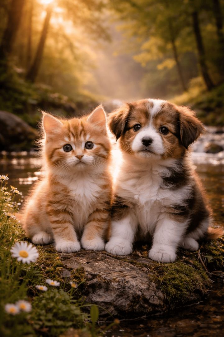 Adorable Kitten and Puppy Sitting by Forest River Nature 4K Wallpaper wallpaper