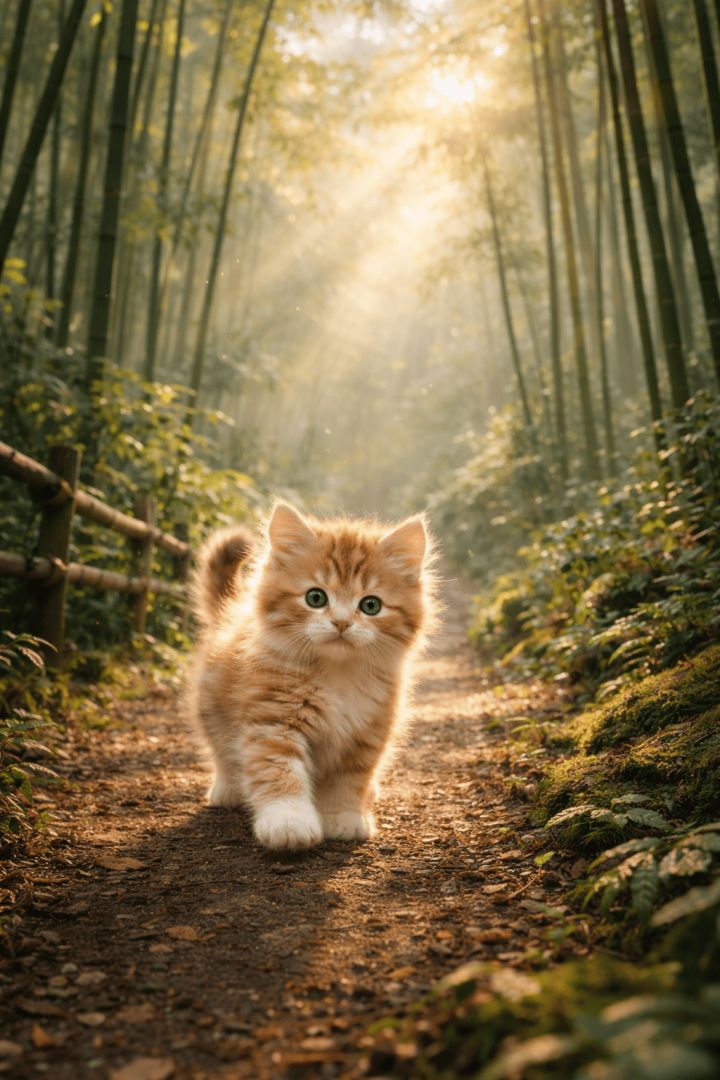 Adorable Kitten Exploring Bamboo Forest Path Golden Sun Rays Wallpaper wallpaper