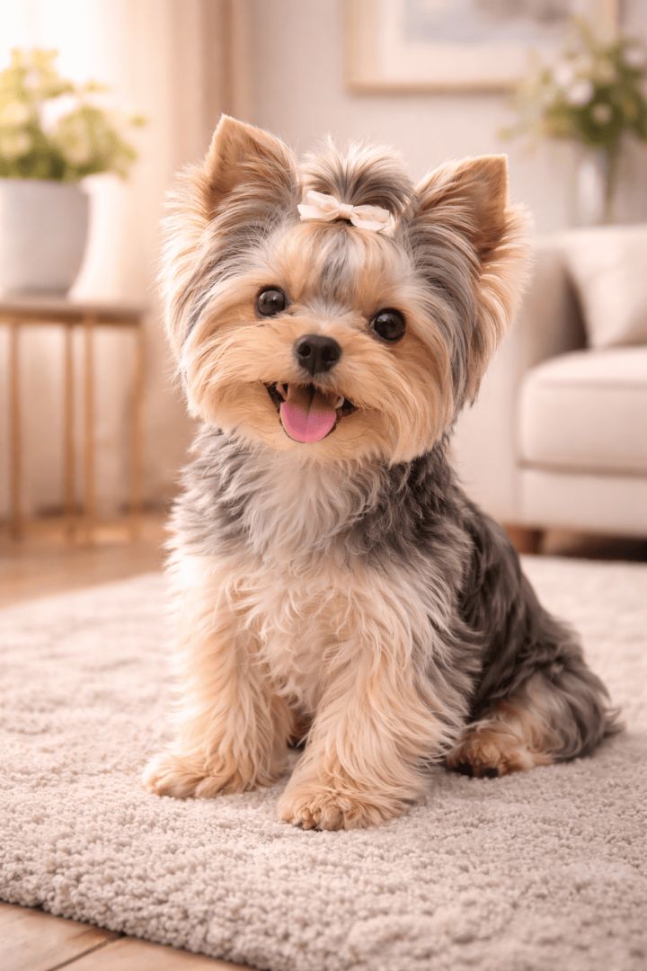 Adorable Yorkie in a cozy living room dog wallpaper
