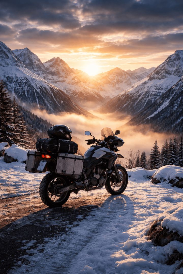 Adventure bike at sunrise on snowy peak wallpaper