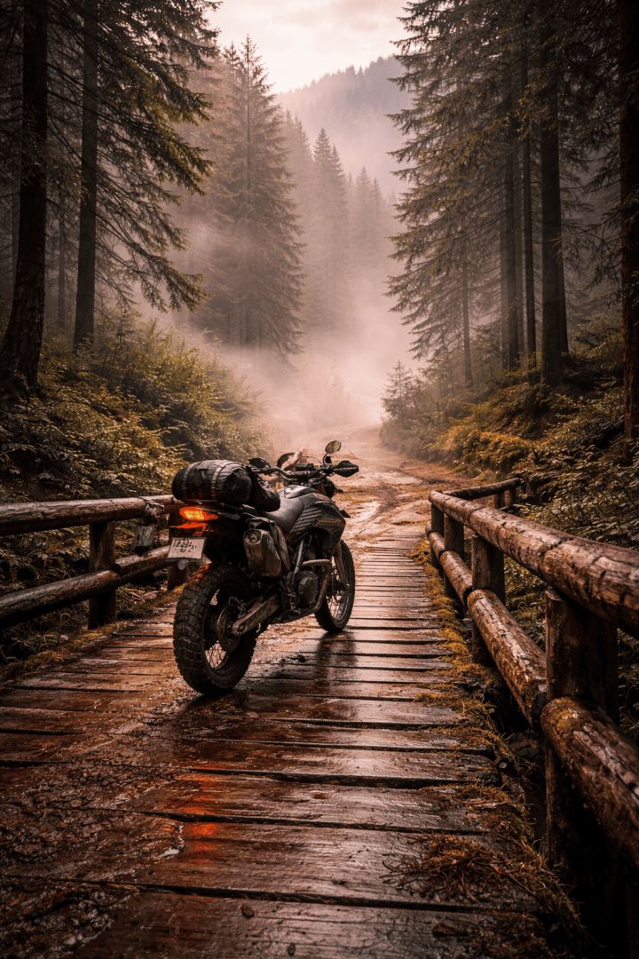 Adventure ride over misty bridge wallpaper