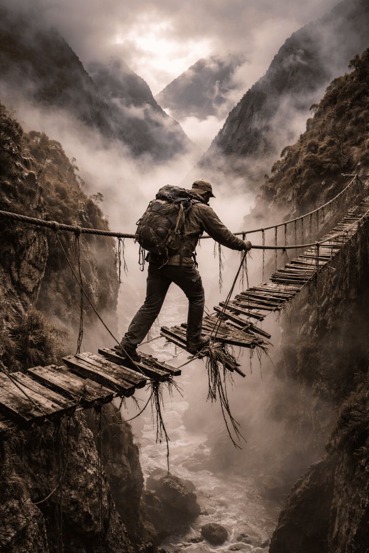 Adventurer crossing a precarious rope bridge wallpaper