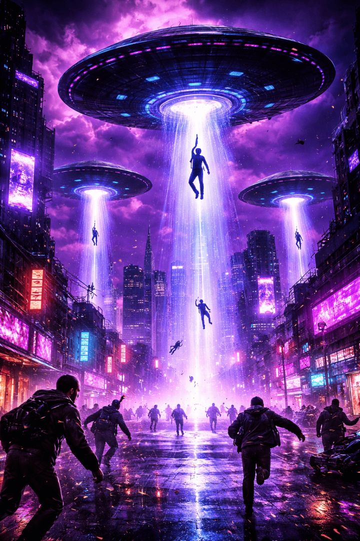 Alien invasion over neon city wallpaper