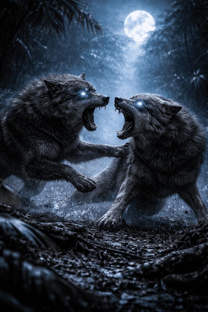 Alpha wolves' fierce moonlit clash wallpaper