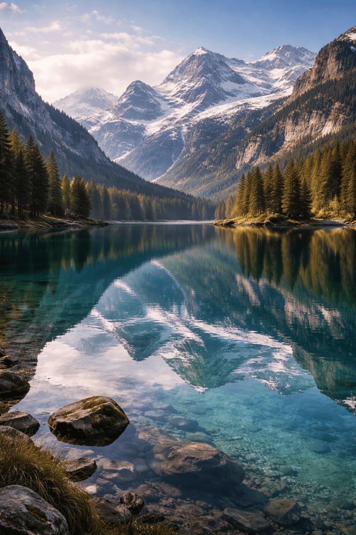 Alpine lake and snow-capped mountains wallpaper