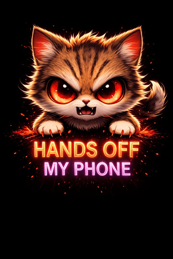 Angry Chibi Cat with Neon Eyes – Hands Off My Phone Cute Wallpaper wallpaper