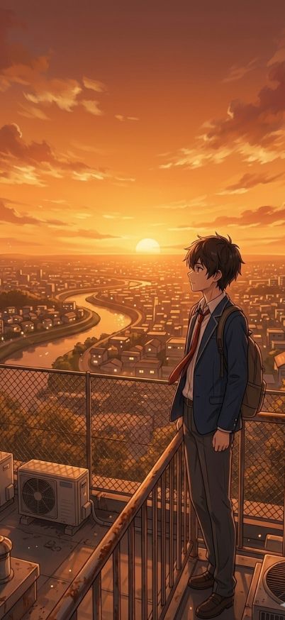 anime boy standing on school rooftop at sunset wallpaper