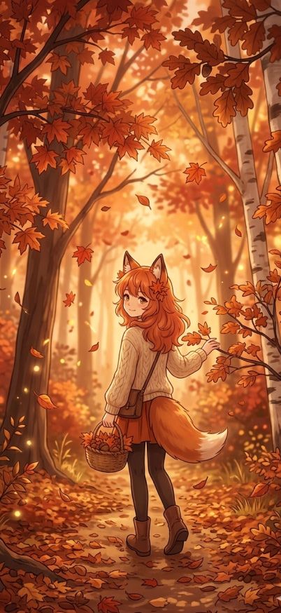 anime fox girl in autumn forest wallpaper
