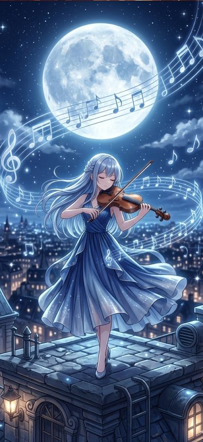 anime girl playing violin on moonlit rooftop anime wallpaper