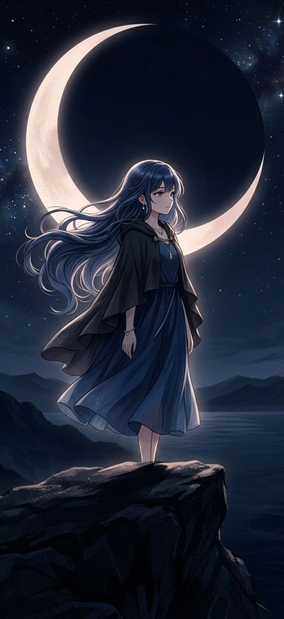 Anime Girl Under Crescent Moon Dark Aesthetic Mobile Wallpaper wallpaper