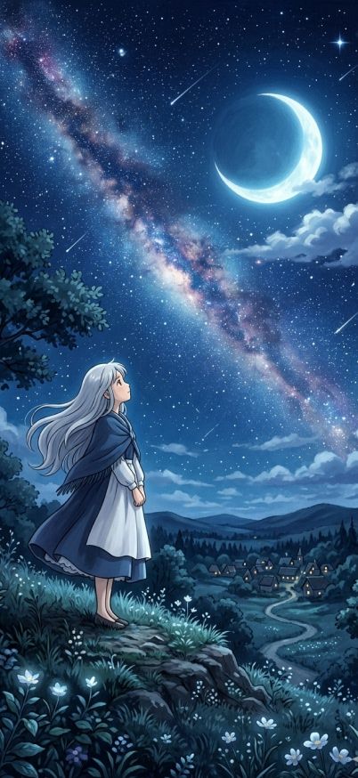 anime girl with silver hair looking at starry sky anime wallpaper