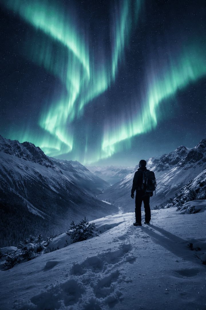 Aurora over snow-covered ridge wallpaper