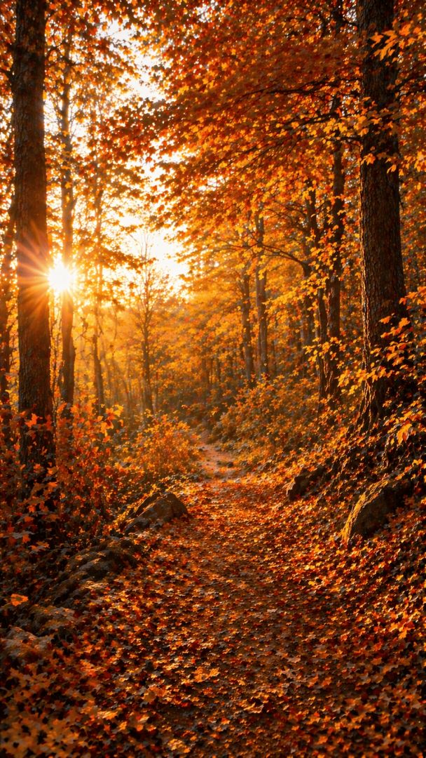 Autumn forest path with golden sunlight wallpaper