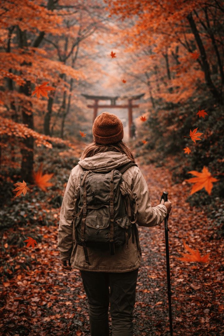 Autumn hike through a maple forest wallpaper